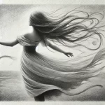 DALL·E 2025-02-07 22.35.46 – A black-and-white pencil sketch of a graceful woman dancing in the wind. Her flowing dress and long hair are swept up by the breeze as she moves with