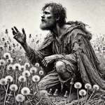DALL·E 2025-02-07 22.37.13 – A black-and-white pencil sketch of a weary traveler kneeling before a field of dandelions. His expression shows awe and reverence as he reaches toward